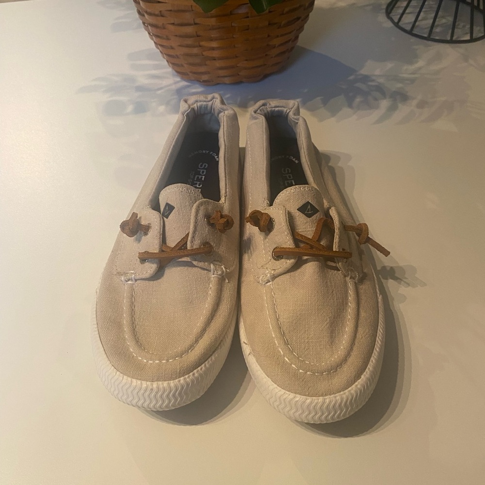 Sperry Cream Boat Shoes with Tan Laces